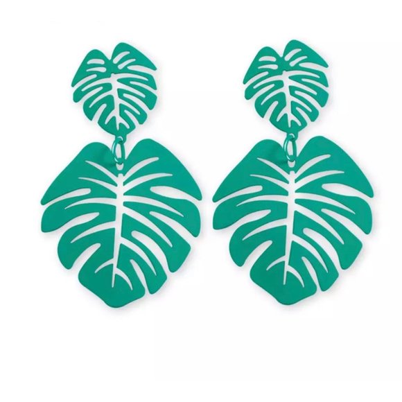 Boho Philodendron Leaf Plant Dangle Statement Earrings Green - Picture 3 of 10